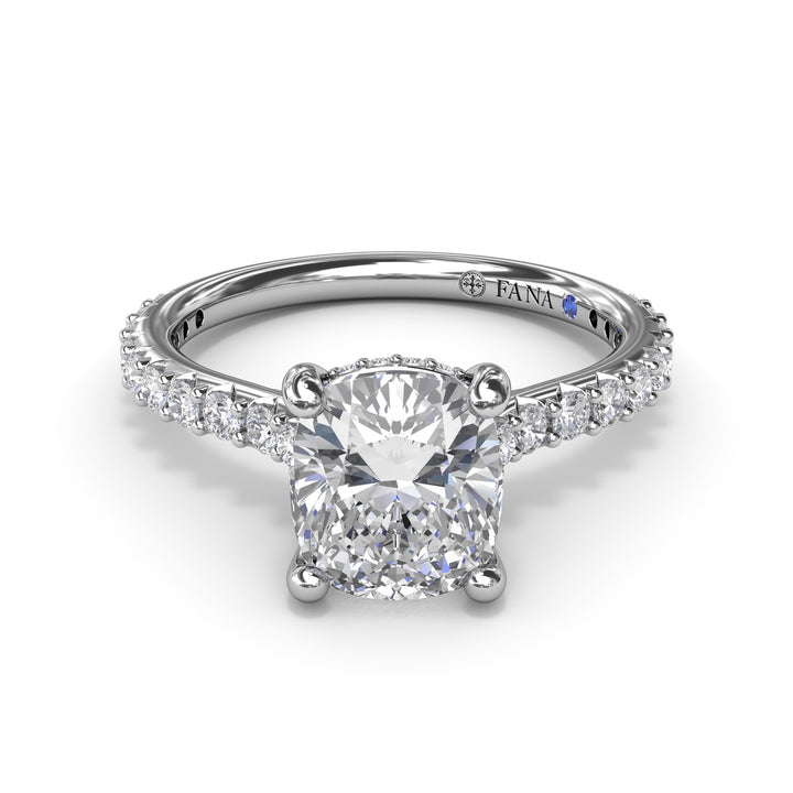 Classic Cushion Solitaire Engagement Ring With Hidden PavÃ© Halo