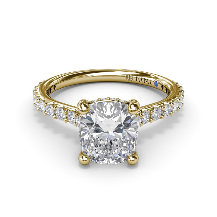 Classic Cushion Solitaire Engagement Ring With Hidden PavÃ© Halo