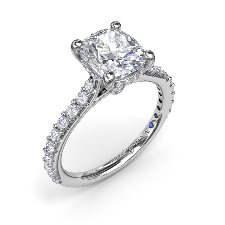Classic Cushion Solitaire Engagement Ring With Hidden Pavï¿½ Halo