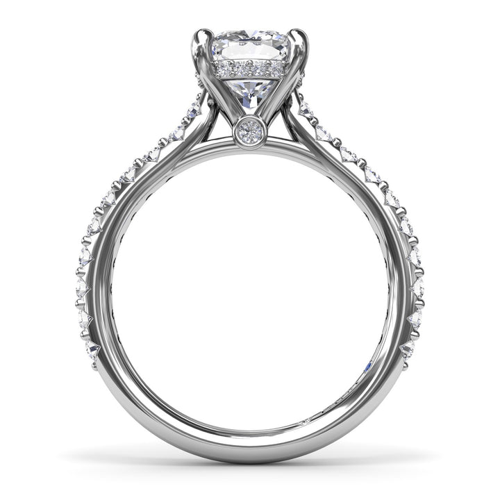 Classic Cushion Solitaire Engagement Ring With Hidden PavÃ© Halo
