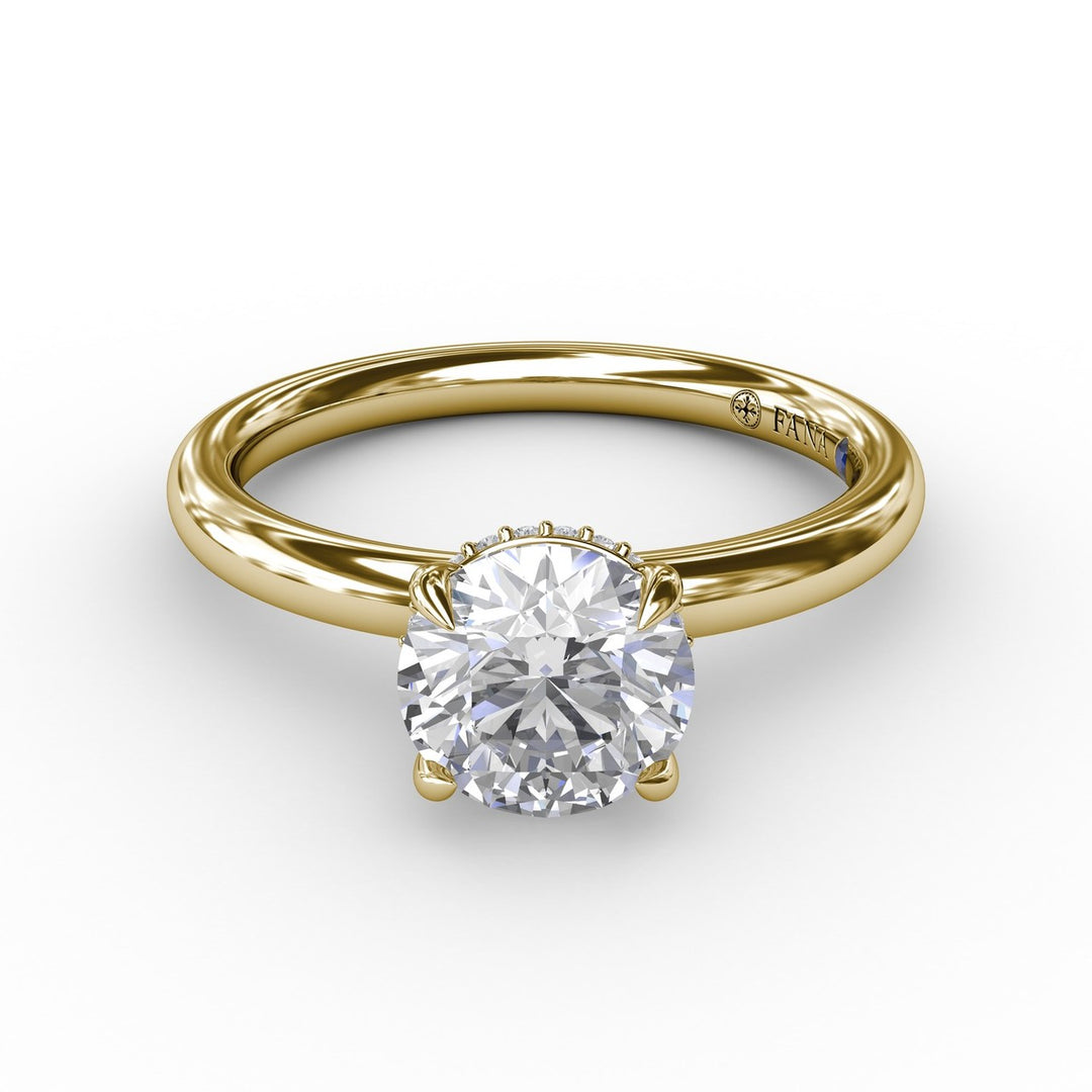 Contemporary Round Diamond Solitaire Engagement Ring With Hidden Pav? Halo