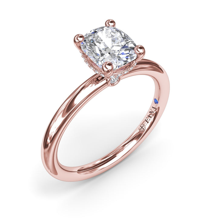 Contemporary Cushion Solitaire Engagement Ring With Hidden Pav? Halo