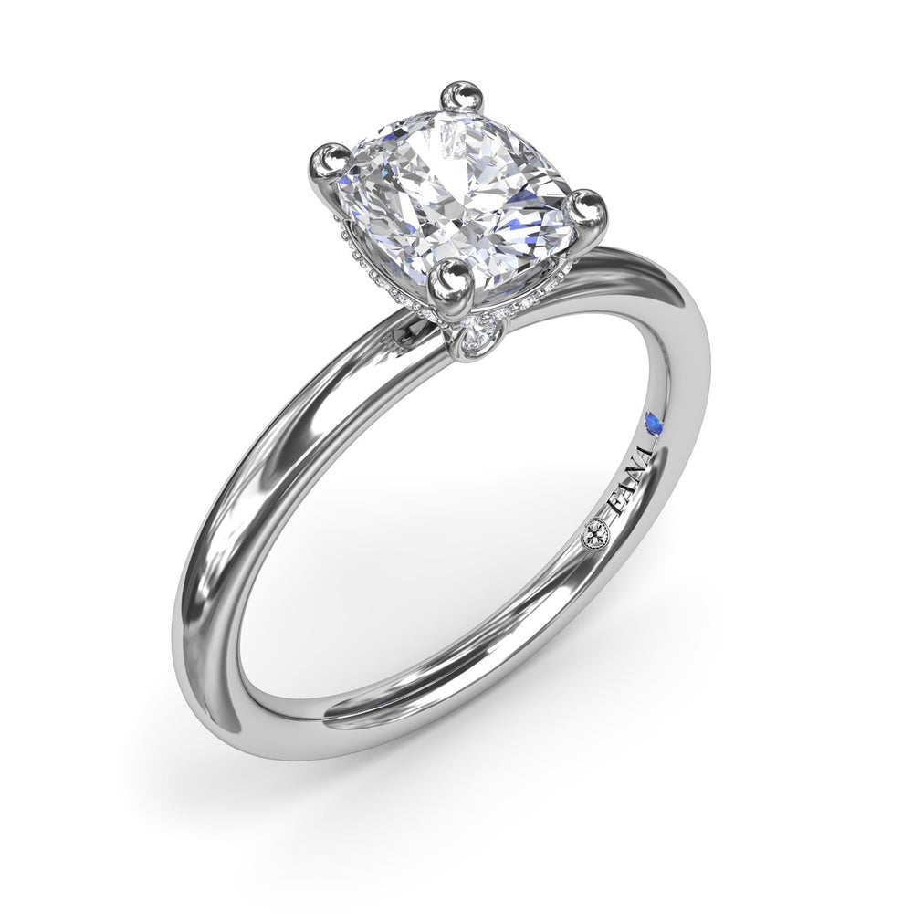 Contemporary Cushion Solitaire Engagement Ring With Hidden Pav? Halo