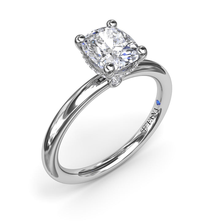 Contemporary Cushion Solitaire Engagement Ring With Hidden Pav? Halo