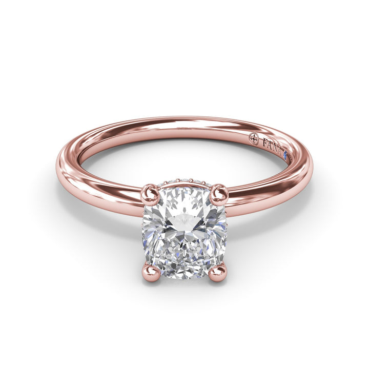 Contemporary Cushion Solitaire Engagement Ring With Hidden PavÃ© Halo