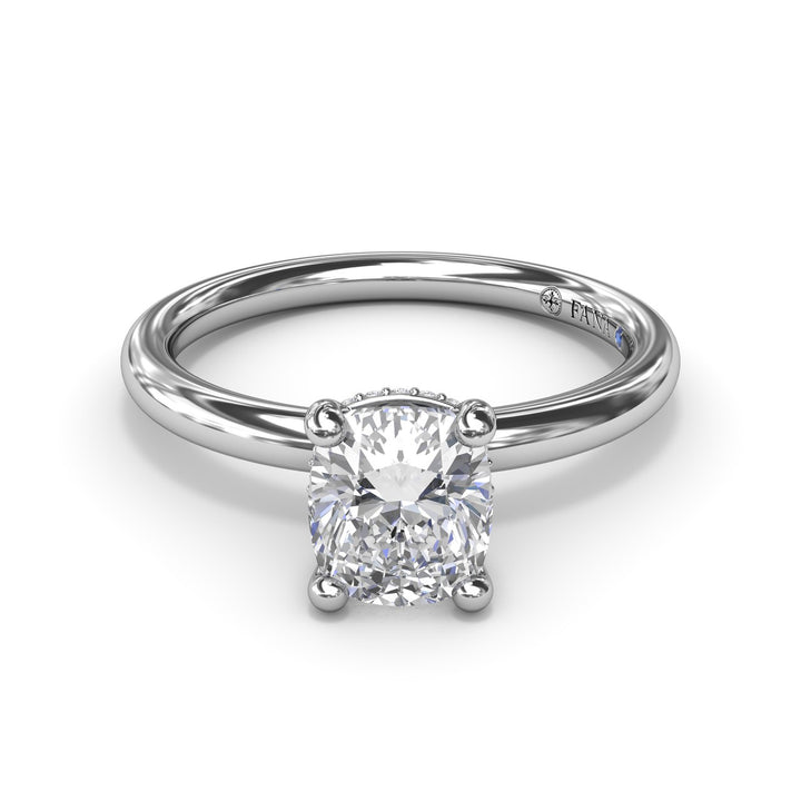 Contemporary Cushion Solitaire Engagement Ring With Hidden PavÃ© Halo