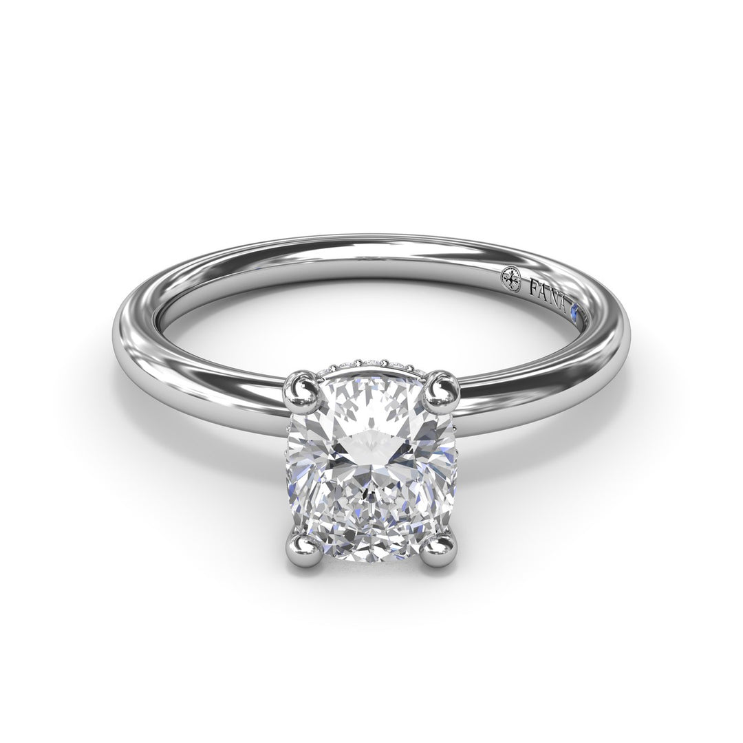 Contemporary Cushion Solitaire Engagement Ring With Hidden PavÃ© Halo