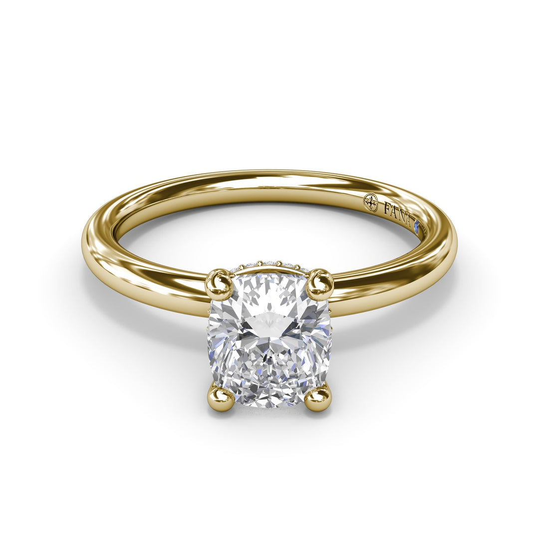 Contemporary Cushion Solitaire Engagement Ring With Hidden PavÃ© Halo