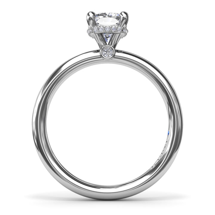 Contemporary Cushion Solitaire Engagement Ring With Hidden PavÃ© Halo