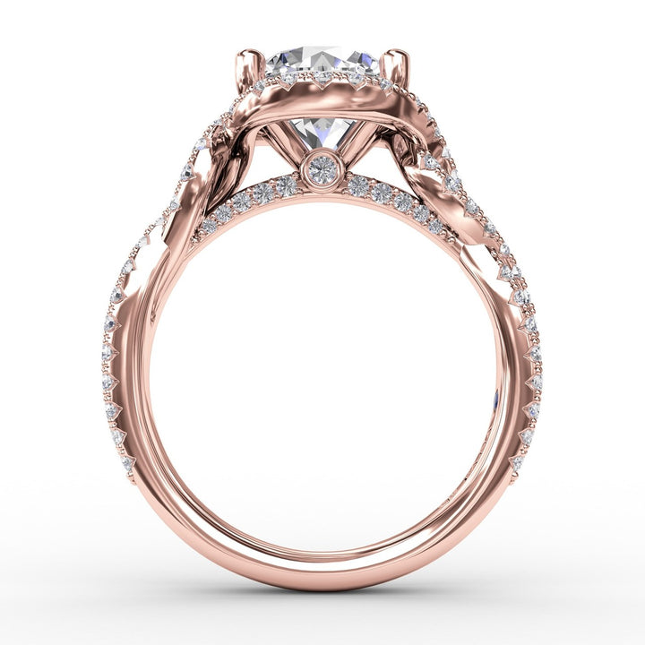 Contemporary Round Diamond Halo Engagement Ring With Twisted Vine Shank