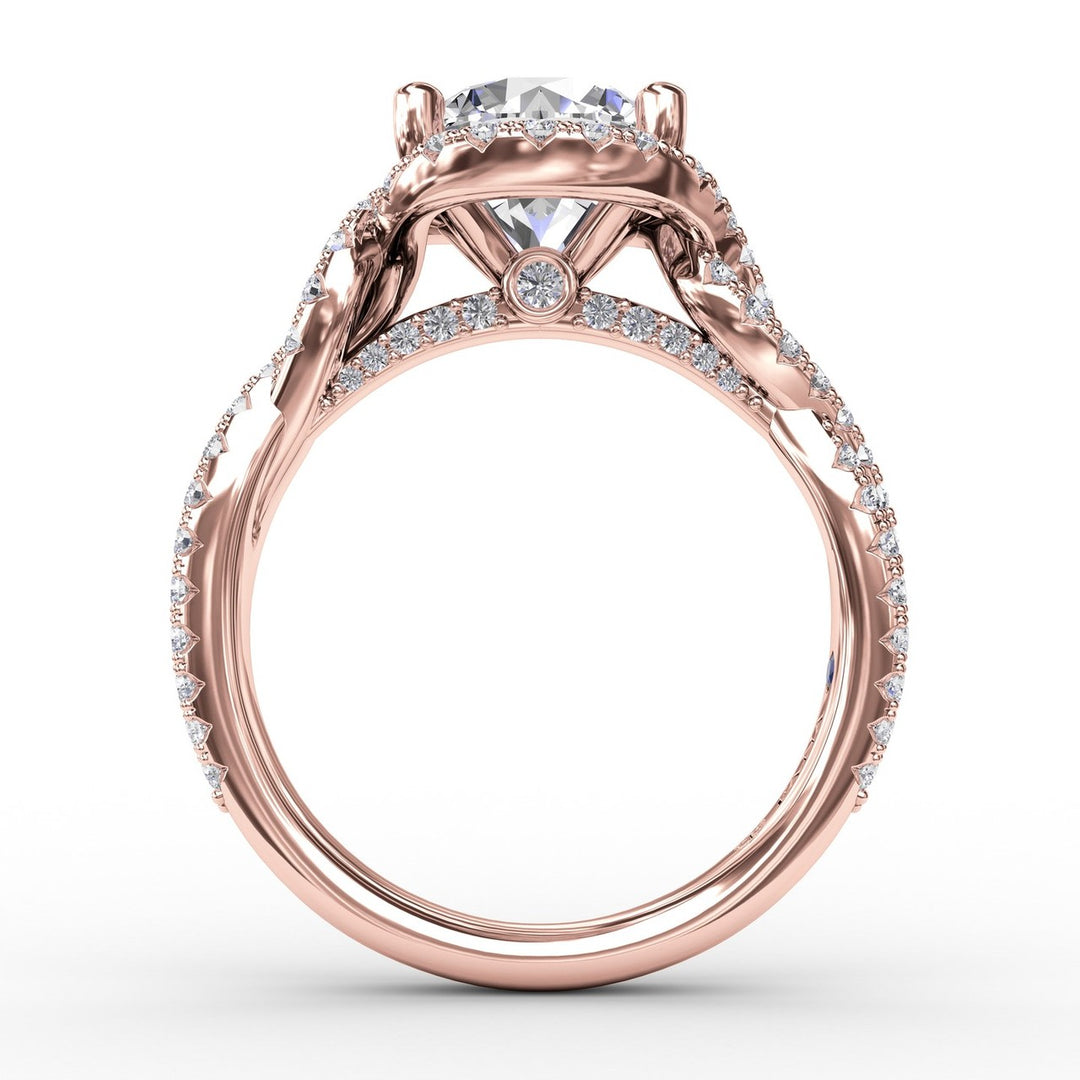 Contemporary Round Diamond Halo Engagement Ring With Twisted Vine Shank