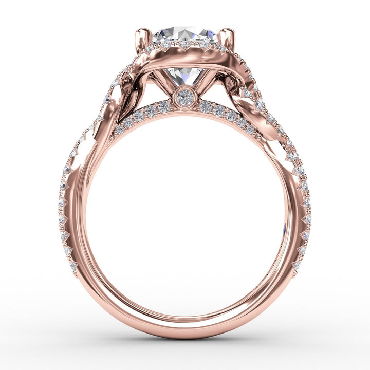 Contemporary Round Diamond Halo Engagement Ring With Twisted Vine Shank