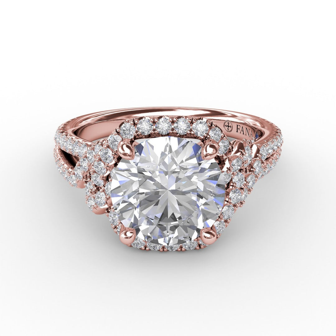 Contemporary Round Diamond Halo Engagement Ring With Couture Details