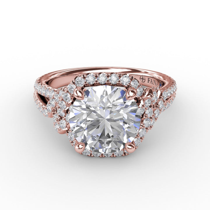 Contemporary Round Diamond Halo Engagement Ring With Couture Details