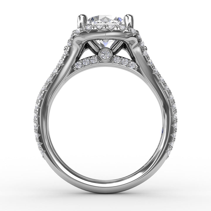 Cushion Halo Engagement Ring With Side Stones and Double-Row Diamond Band