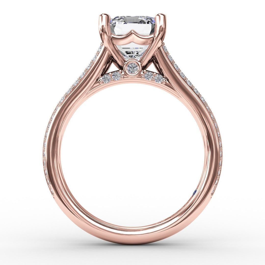 Contemporary Emerald Cut Diamond Solitaire Engagement Ring With Triple-Row Diamond Band
