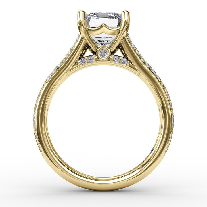 Contemporary Emerald Cut Diamond Solitaire Engagement Ring With Triple-Row Diamond Band