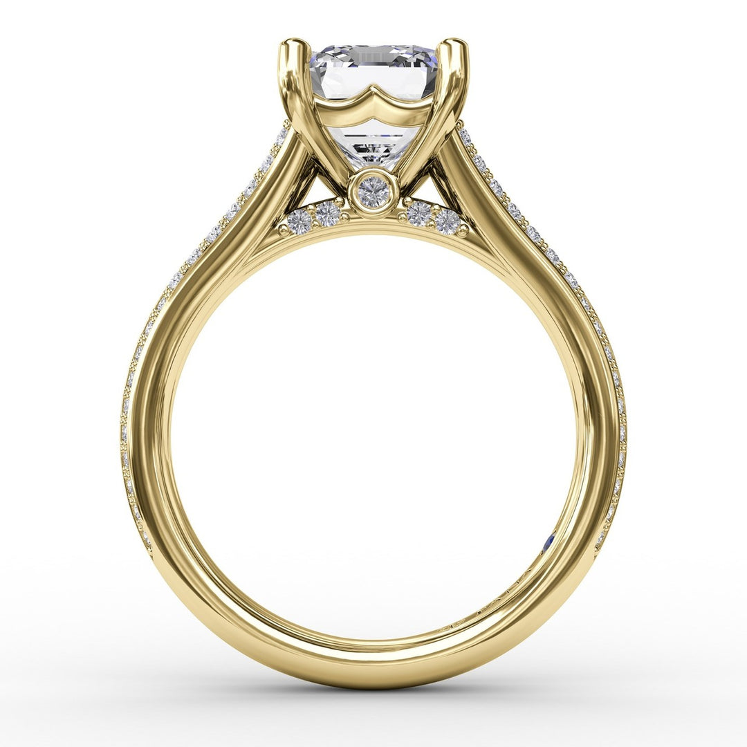 Contemporary Emerald Cut Diamond Solitaire Engagement Ring With Triple-Row Diamond Band