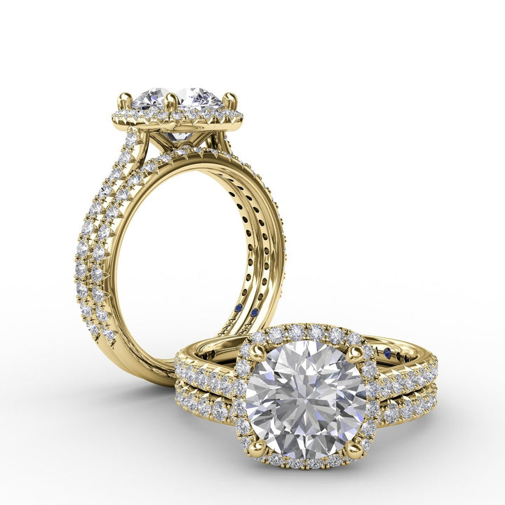 Cushion-Shaped Halo Diamond Engagement Ring with Diamond Band