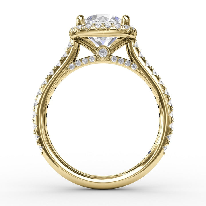 Cushion-Shaped Halo Diamond Engagement Ring with Diamond Band