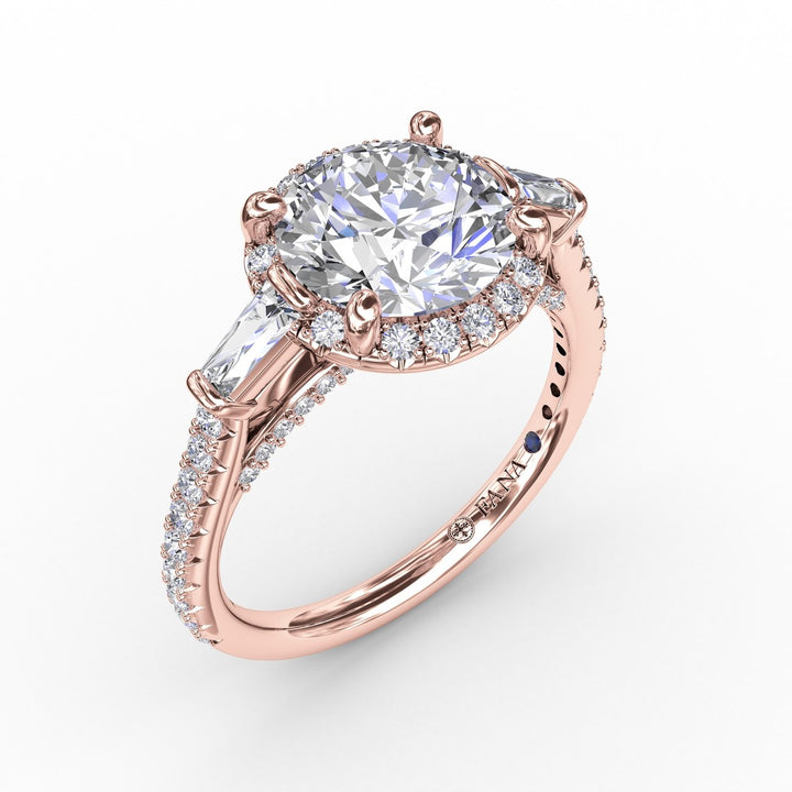 Classic Round Diamond Halo Engagement Ring With Tapered Baguettes