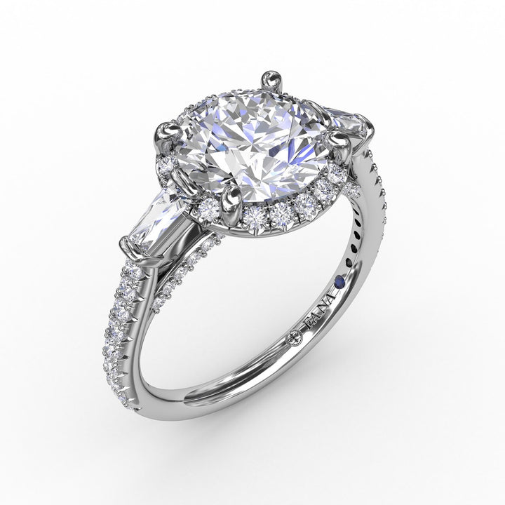 Classic Round Diamond Halo Engagement Ring With Tapered Baguettes