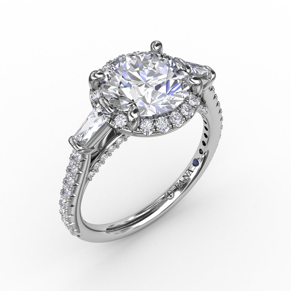 Classic Round Diamond Halo Engagement Ring With Tapered Baguettes