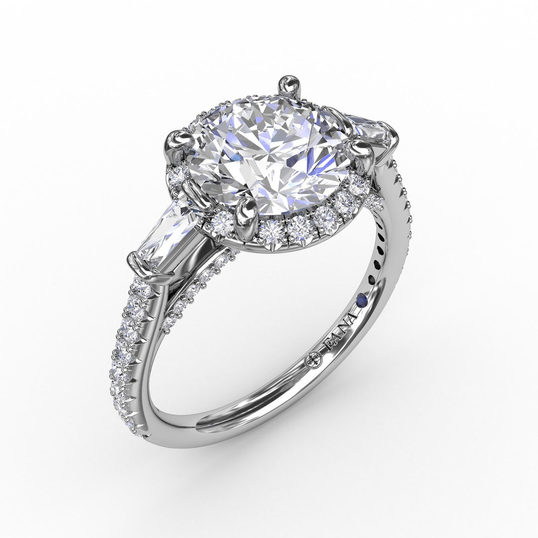 Classic Round Diamond Halo Engagement Ring With Tapered Baguettes
