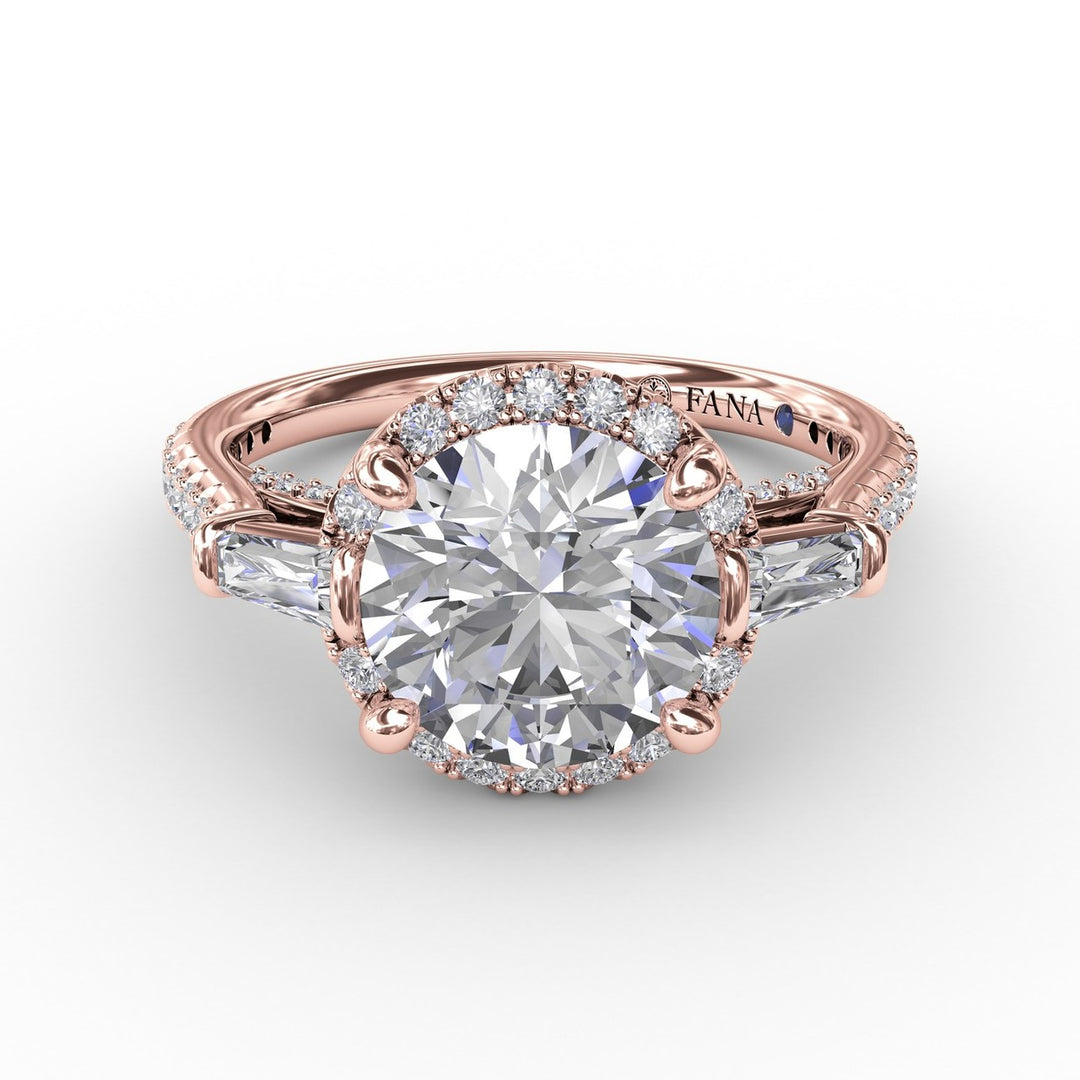 Classic Round Diamond Halo Engagement Ring With Tapered Baguettes