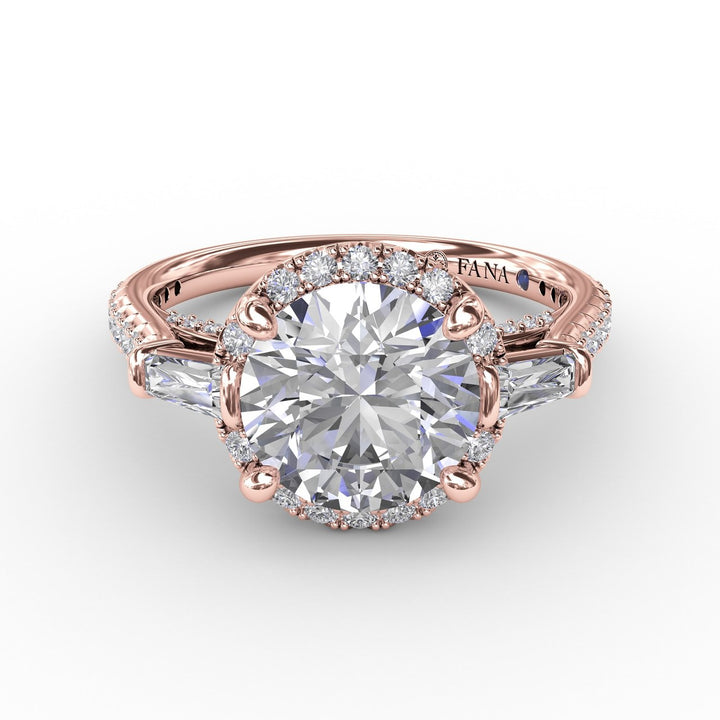 Classic Round Diamond Halo Engagement Ring With Tapered Baguettes