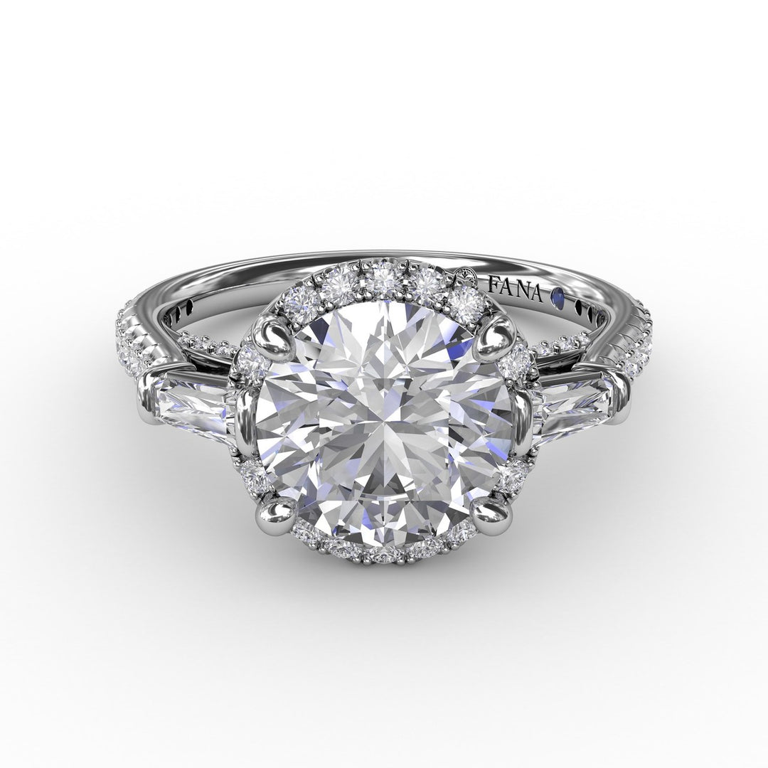 Classic Round Diamond Halo Engagement Ring With Tapered Baguettes