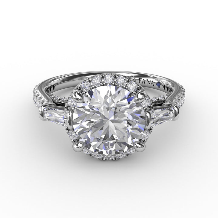 Classic Round Diamond Halo Engagement Ring With Tapered Baguettes