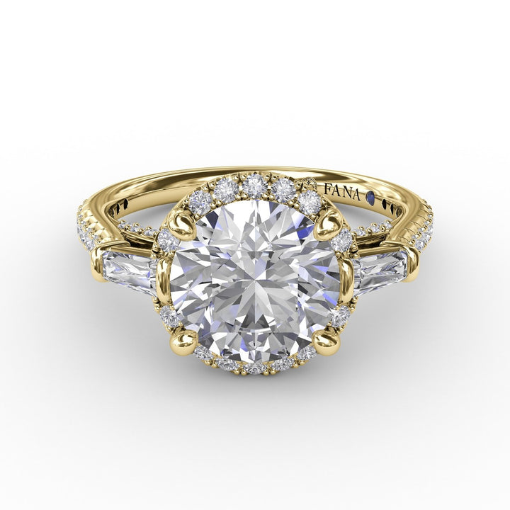Classic Round Diamond Halo Engagement Ring With Tapered Baguettes