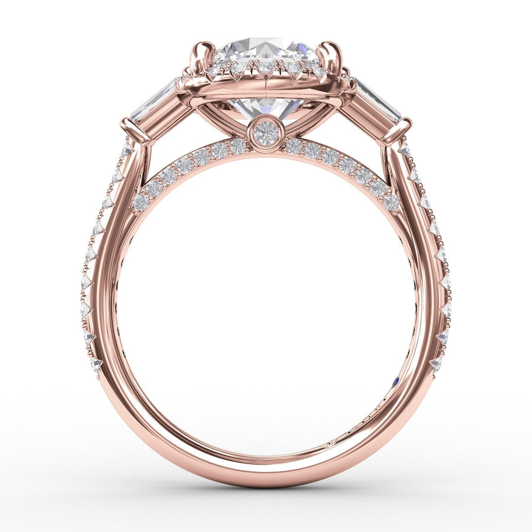 Classic Round Diamond Halo Engagement Ring With Tapered Baguettes