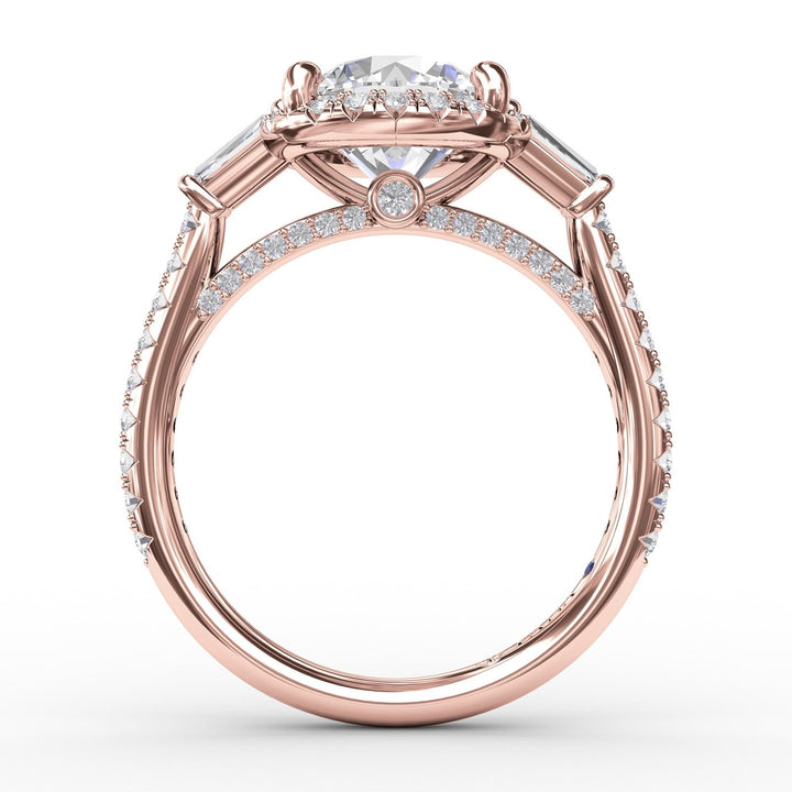 Classic Round Diamond Halo Engagement Ring With Tapered Baguettes