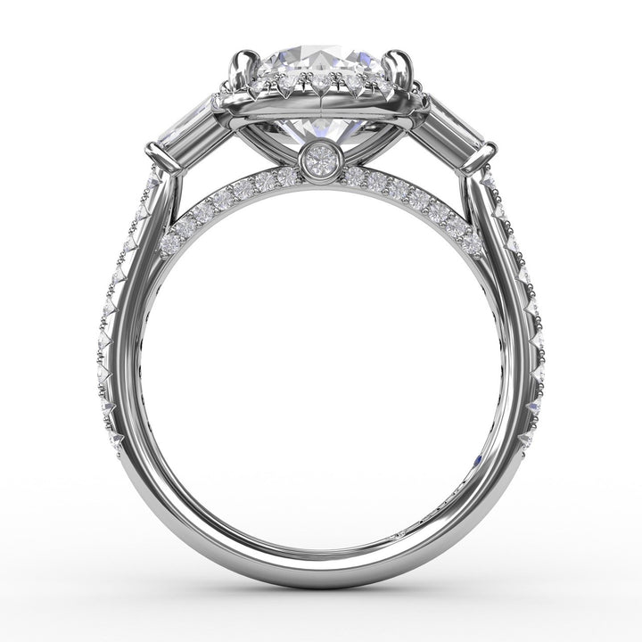 Classic Round Diamond Halo Engagement Ring With Tapered Baguettes