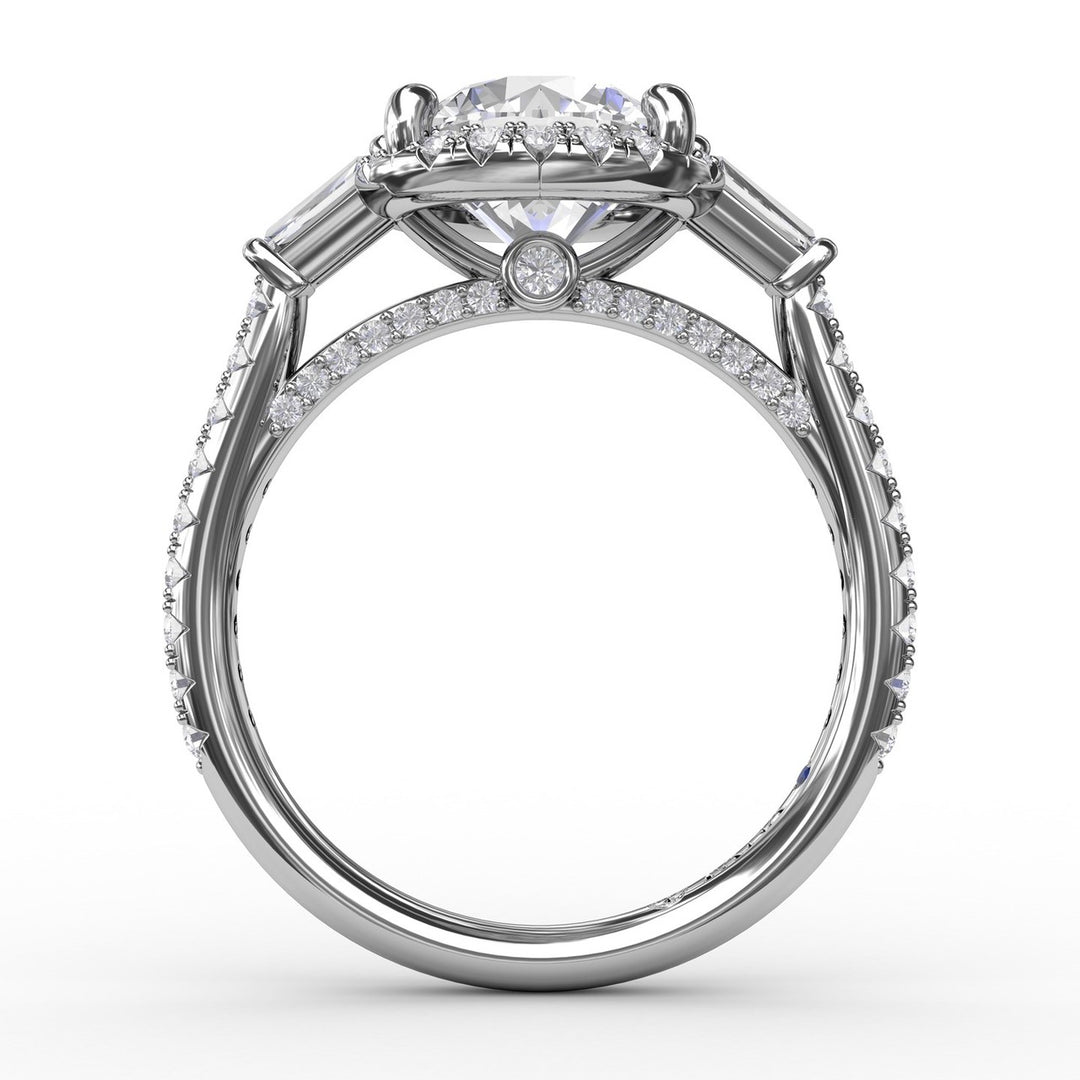 Classic Round Diamond Halo Engagement Ring With Tapered Baguettes