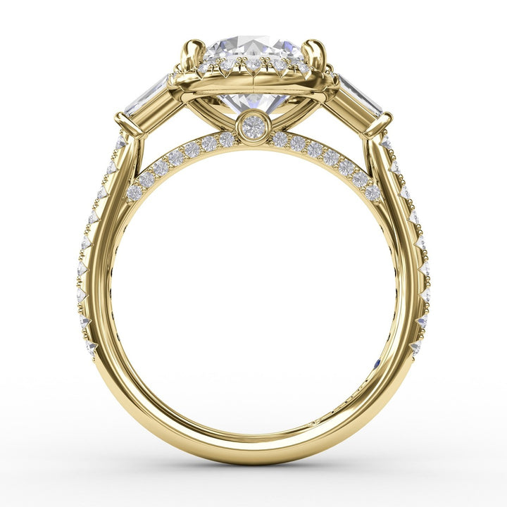 Classic Round Diamond Halo Engagement Ring With Tapered Baguettes