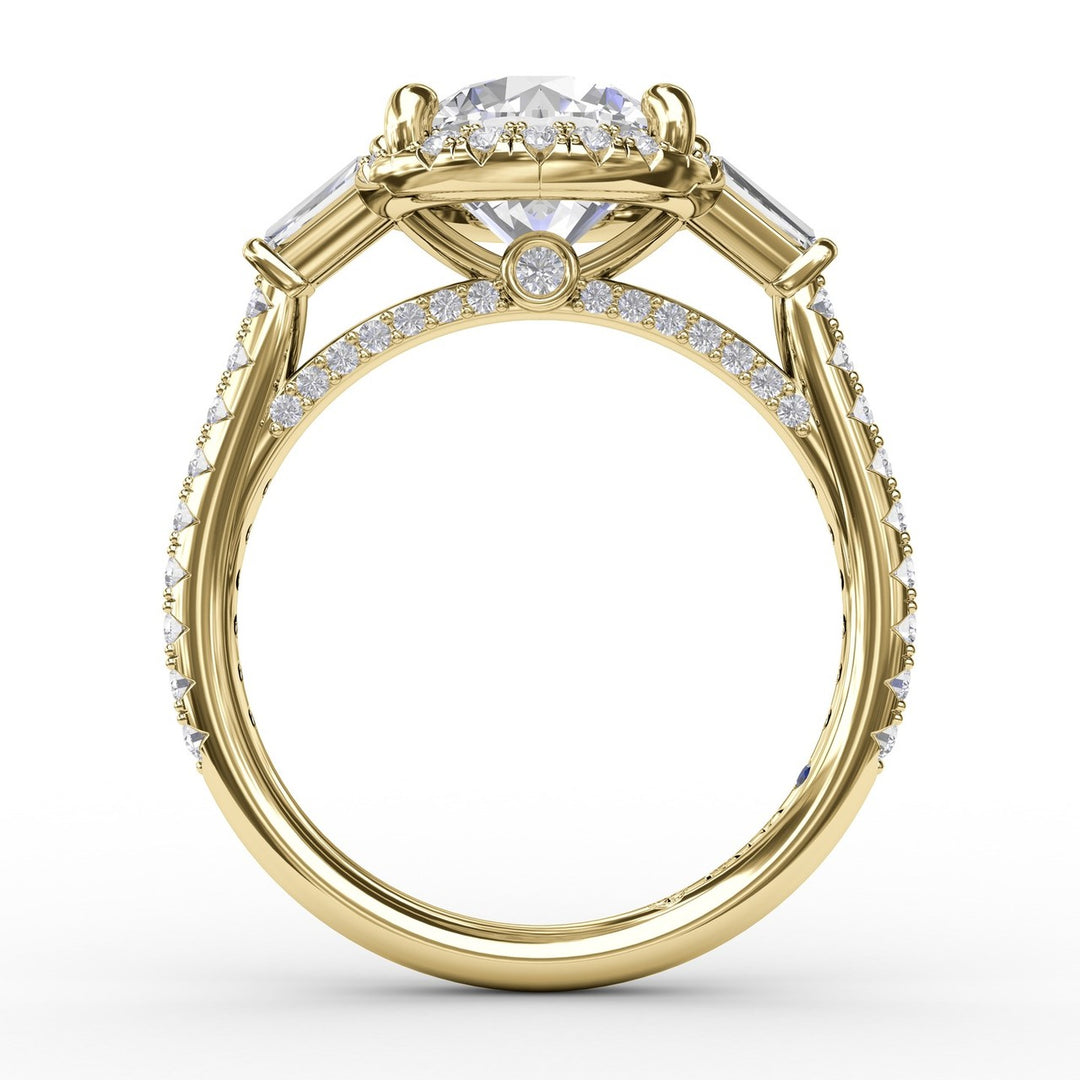 Classic Round Diamond Halo Engagement Ring With Tapered Baguettes
