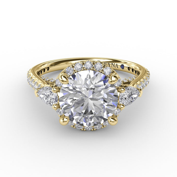 Round Diamond Halo Engagement Ring With Pear-Shape Side Stones