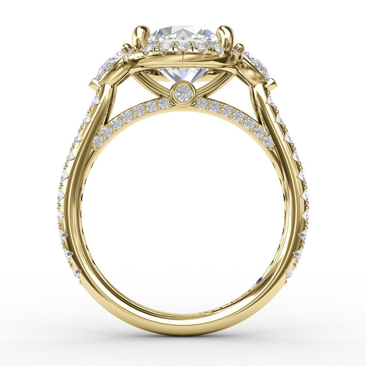Round Diamond Halo Engagement Ring With Pear-Shape Side Stones
