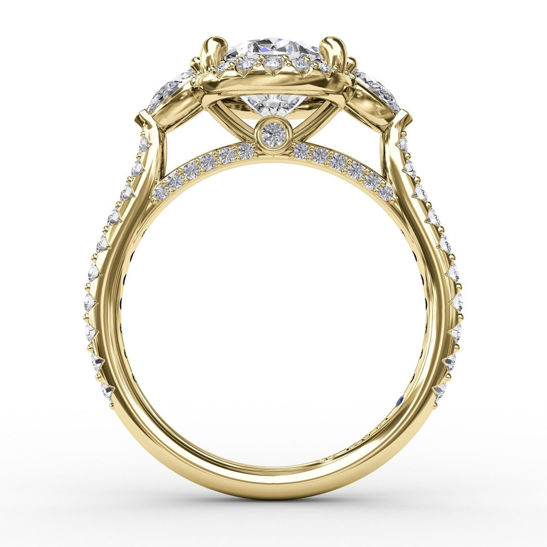 Oval Diamond Halo Engagement Ring With Pear-Shape Diamond Side Stones