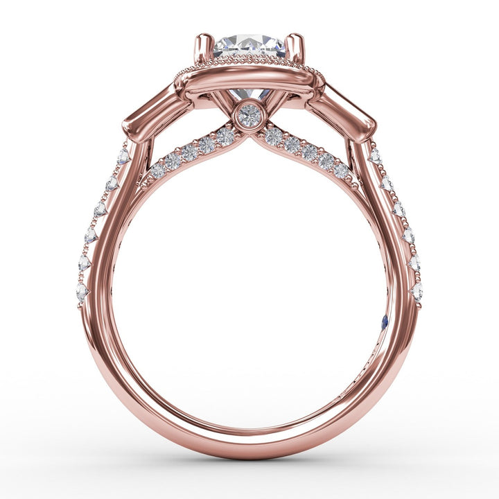 Three-Stone Diamond Halo Engagement Ring With Baguette Side Stones