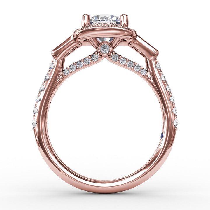 Three-Stone Diamond Halo Engagement Ring With Baguette Side Stones