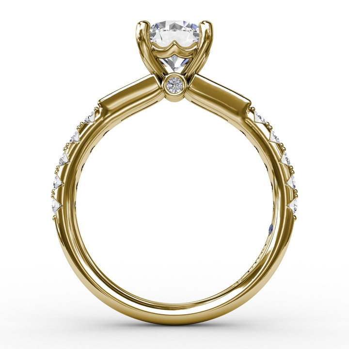 Three-Stone Round Diamond Engagement Ring With Bezel-Set Baguettes and Diamond Band