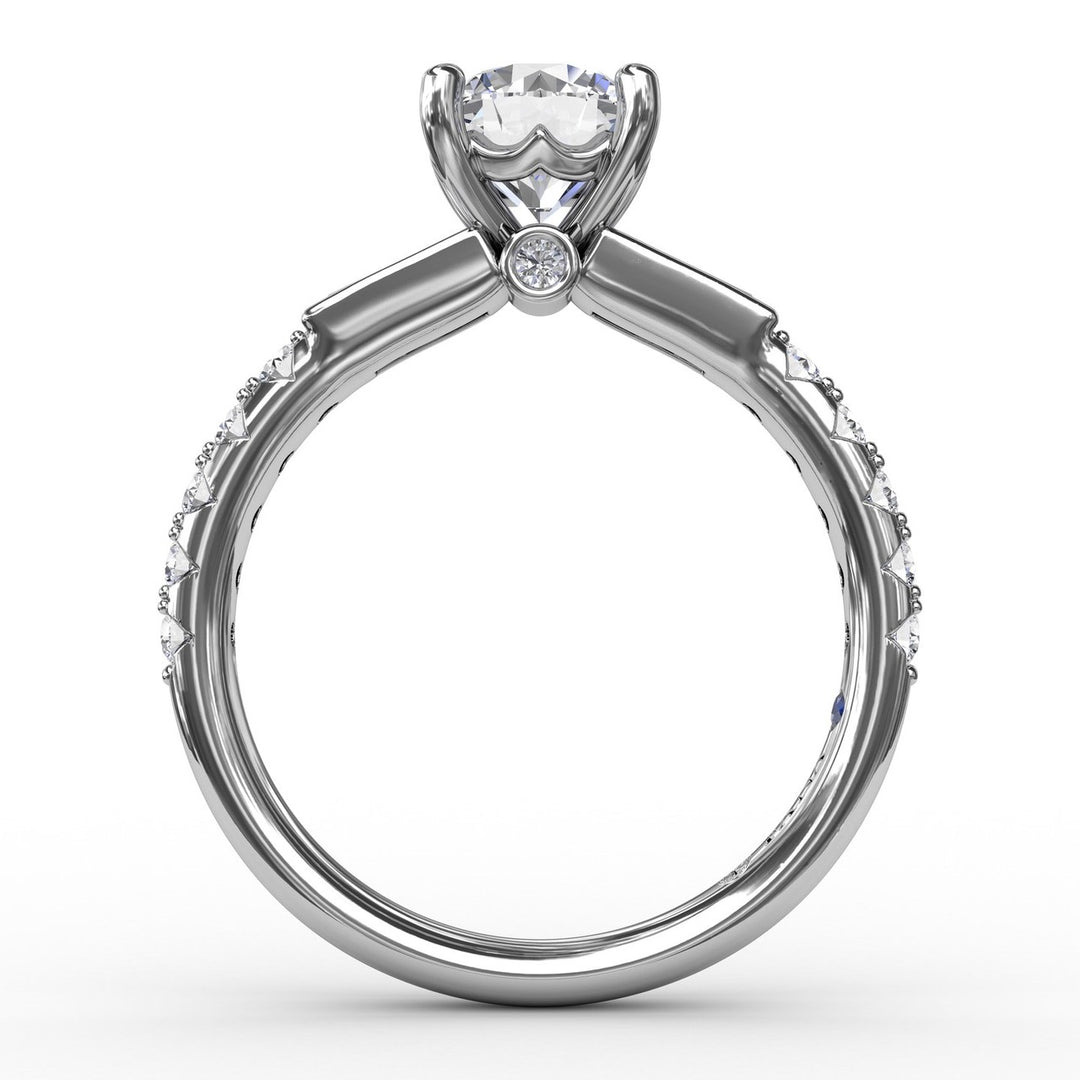 Three-Stone Round Diamond Engagement Ring With Bezel-Set Baguettes and Diamond Band