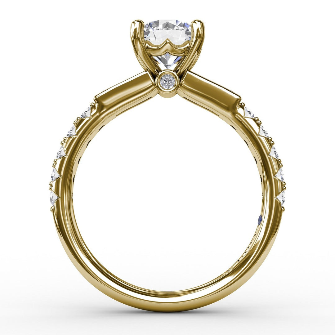Three-Stone Round Diamond Engagement Ring With Bezel-Set Baguettes and Diamond Band