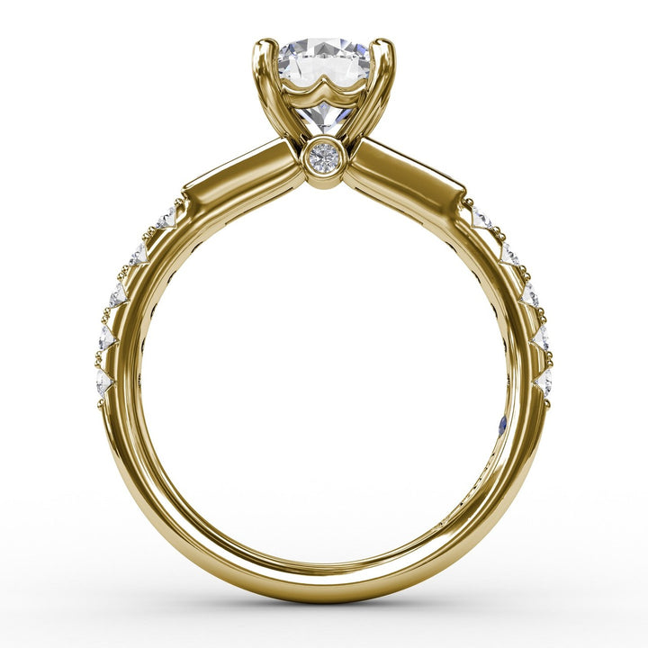 Three-Stone Round Diamond Engagement Ring With Bezel-Set Baguettes and Diamond Band