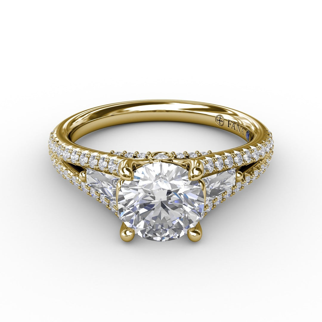 Three-Stone Round Diamond Engagement Ring With Split Diamond Shank and Baguette Side Stones