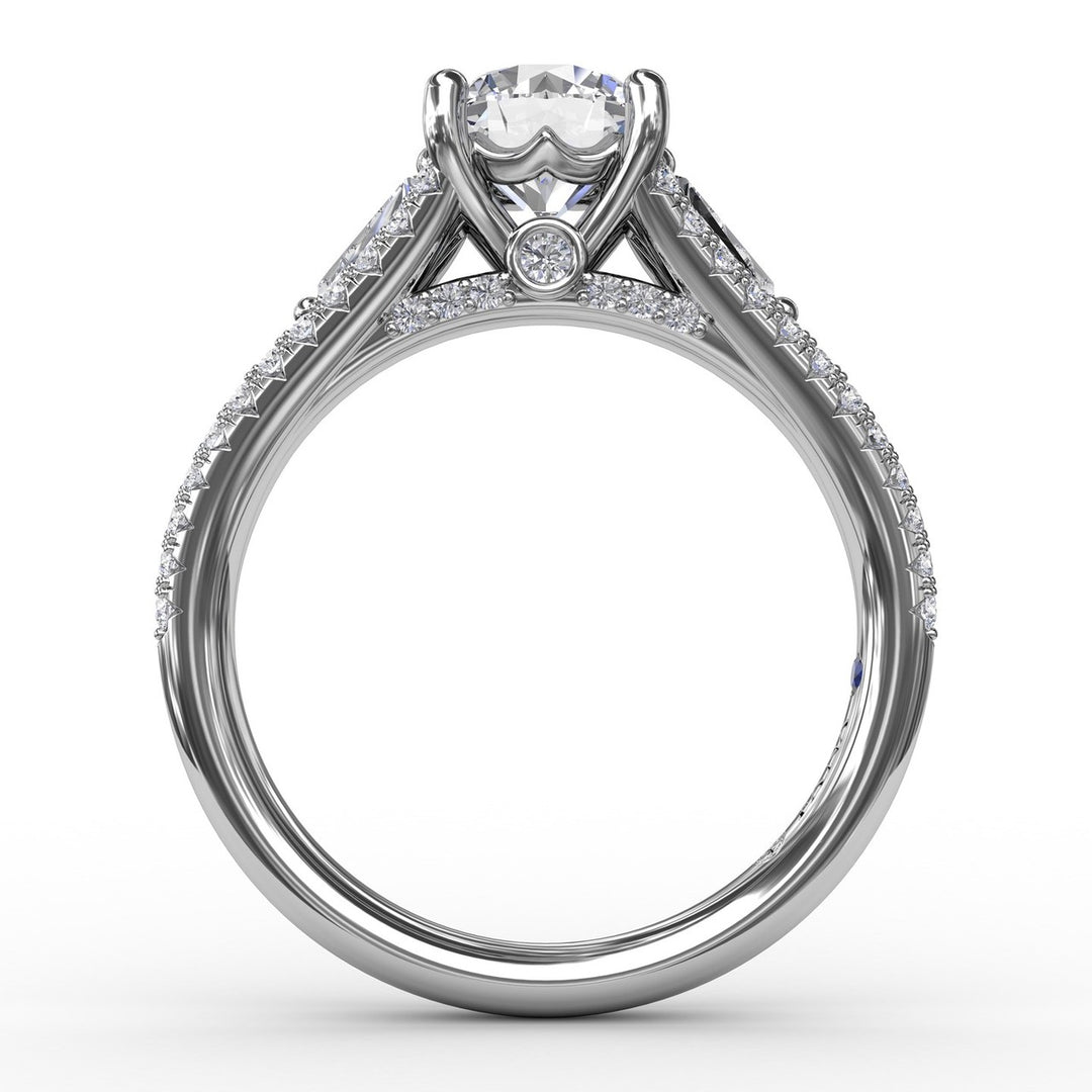 Three-Stone Round Diamond Engagement Ring With Split Diamond Shank and Baguette Side Stones